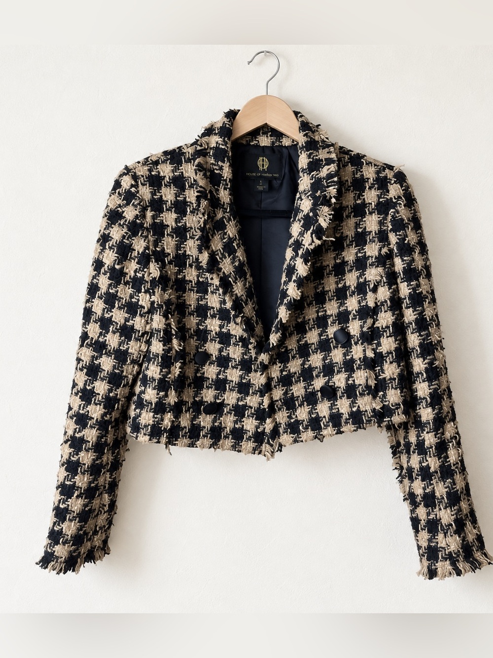 House of Harlow 1960 Black Cream Tweed Cropped Blazer Fringe Jacket S